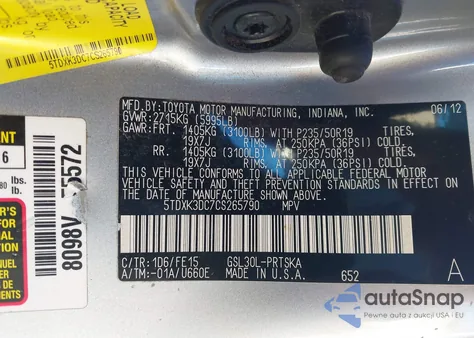 2012 Toyota Sienna Se 8 Passenger z USA, uszkodzony, nr VIN 5TDXK3DC7CS265790